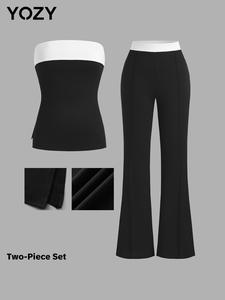 YOZY Women's Colorblock Tube Top & Flared Leg Pants Two-piece Set, Casual Strapless Top & Pants for Summer, Ladies Clothes for Daily Wear, Travel