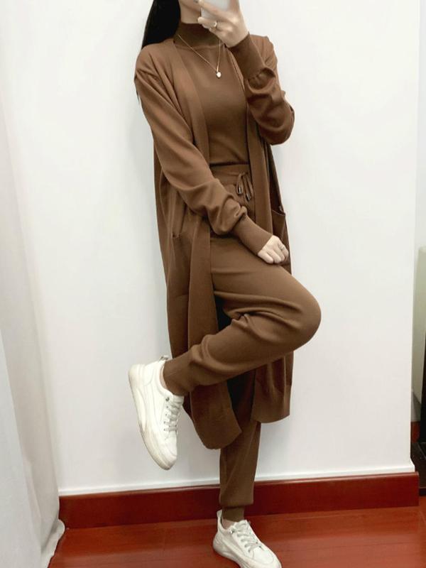 Women's Solid Color Open Front Cardigan & Drawstring Waist Pocket Pants & Mock Neck Tank Top Knit Set, Casual Fashion Cozy Three-piece Outfits for Daily Outdoor Wear, Women Clothes for Fall & Winter 2