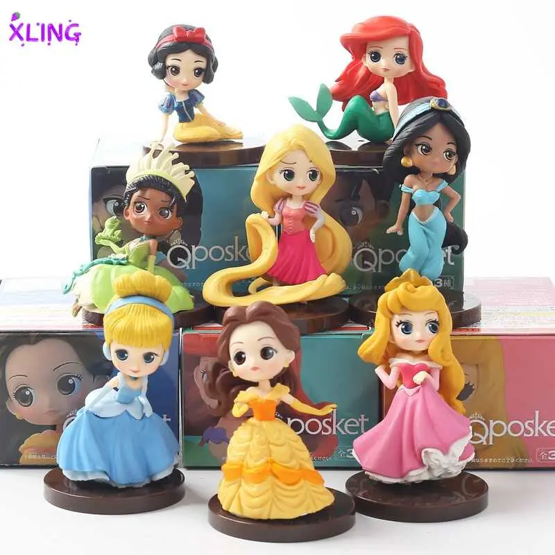 XLING 8Pcs Set 5 8cm Anime Cartoon Princess Figure Snow White Rapunzel Cinderella Mermaid Ariel Bella Jasmine Q Version PVC Action Figures Model Doll Toys
