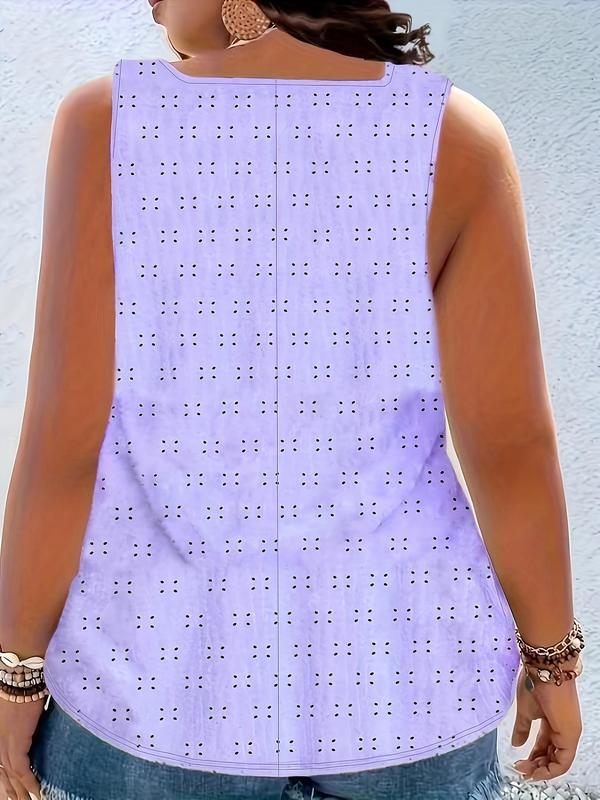 Plus Size Eyelet Embroidery Hollow Out Metal Decor Slim-fit Tank Top, Casual Sleeveless Top for Summer, Women's Plus Clothing for Daily Wear, Cute Summer Tops 8