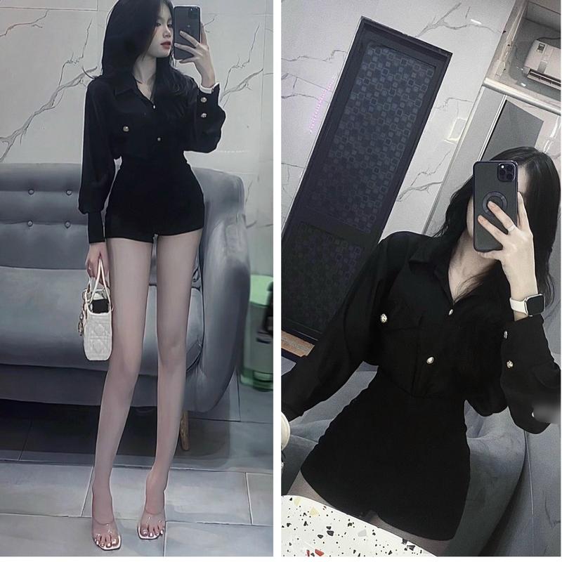 Set áo sơ mi tay dài phối túi kèm quần thun ôm lưng cao