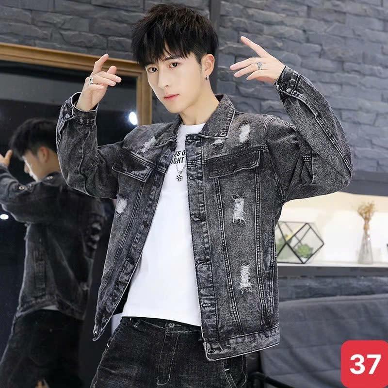 Áo khoác jean nam màu xám nhạt rách chất liệu bò cao cấp co dãn nhẹ AK37 form dáng chuẩn đẹp Menswear Jacket Có Cổ Có Túi 0