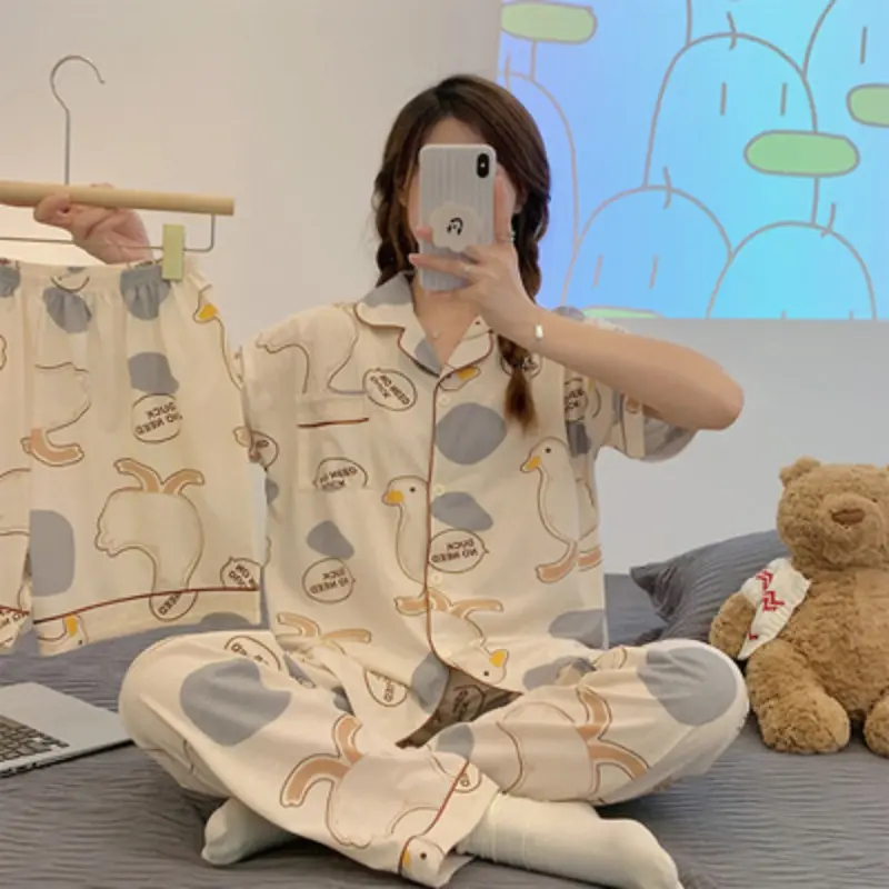 2023 New Summer Pajamas for Women: High-end, Thin, Open-front, Short-sleeved, Sweet and Cute Cartoon Home Clothing Set