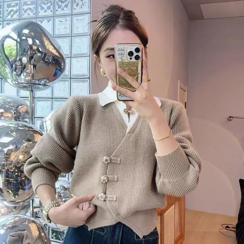Áo Cardigan Giả Hai Lớp, Thiết Kế Đẹp, Dệt Kim Thanh Lịch Và Thoải Mái, Áo Nữ, Thời Trang Hàn Quốc, Hàng Mới Về Cho Mùa Thu 2024, OOTD 0