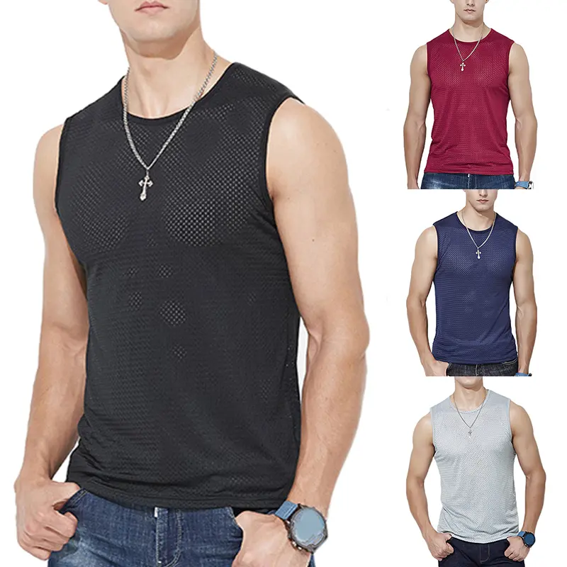1pc 4XL Men Ice Silk Tank Tops Underwear Mens Vest Undershirt Mesh Holes Shirts Male Workout Sleeveless Breathable Singlets T-Shirt Menswear Tropical Bestie Wetsuit