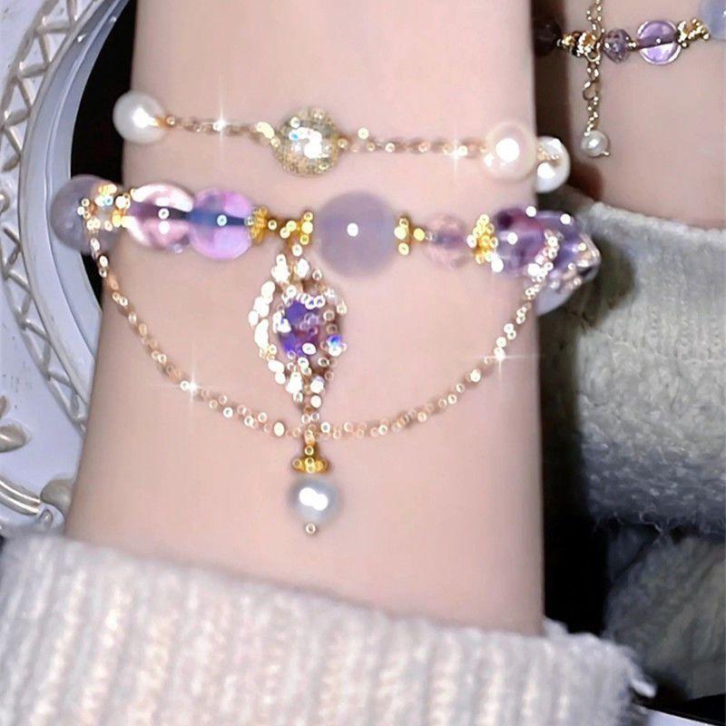 Product Introduction of New purple crystal bracelet color collision light luxury niche delicate feeling fairy hand chain best friend gift wisteria flower hand chain 8