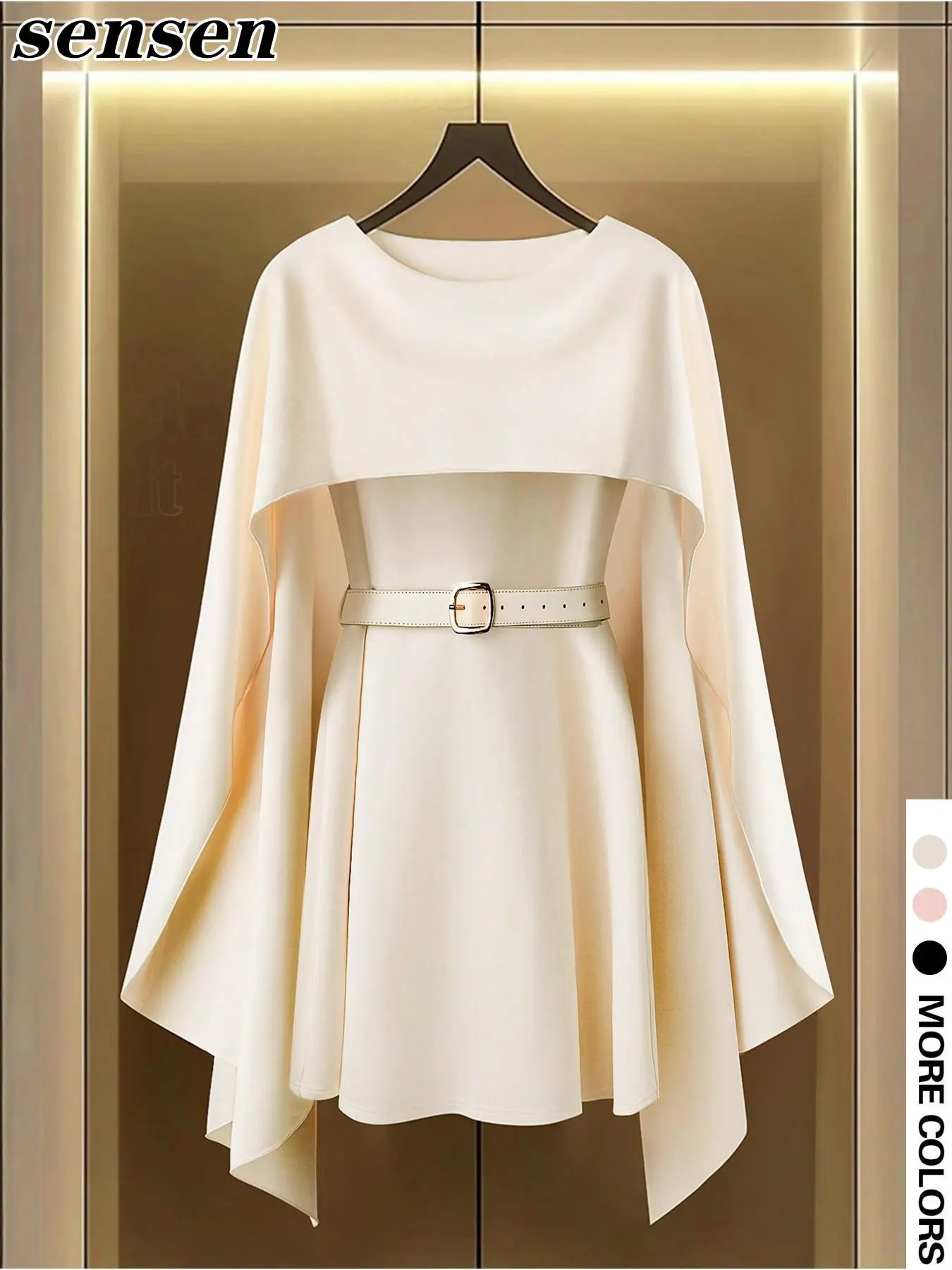 Women's Plain Belted Cloak Sleeve Dress with Belt, Elegant Fashion Casual Dress for Daily Outdoor Wear, Women Dress for Spring Fall