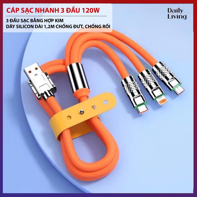 Dây Cáp Sạc Nhanh 120W 3 Đầu Sạc Bằng Hợp Kim Kẽm Và Silicon Dài 1m2 Chống Đứt, Chống Rối 1