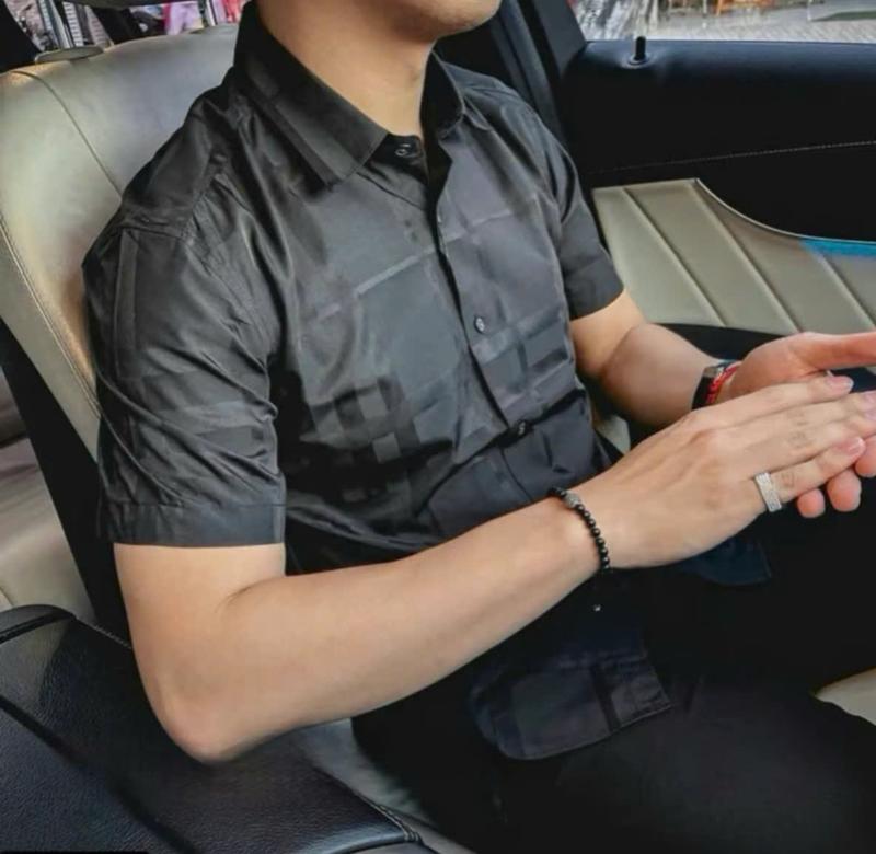 Áo Sơ Mi Vải Lụa Phối sọc chìm Sang Trọng Qúy Phái. Menswear Nam Shirt Có Cổ Trắng 1