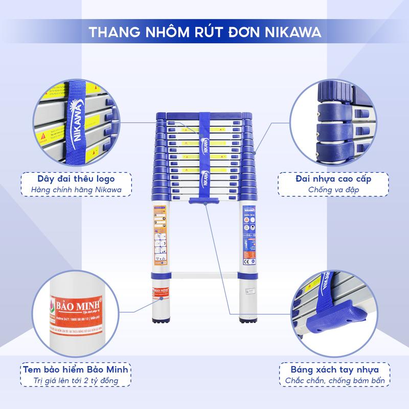 Product Introduction of Nikawa - Thang nhôm rút đơn 4m8 NK-48 chiều cao sử dụng tối đa 4,8m Bảo hành 18 tháng - TẶNG KÈM ĐỆM CAO SU 25