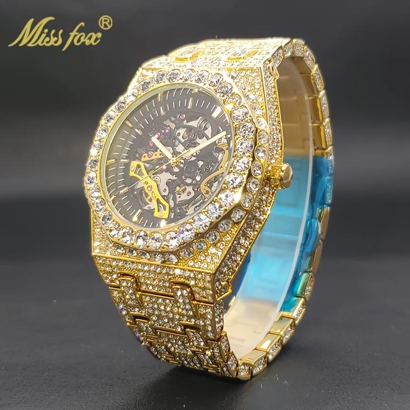 Product Introduction of Luxurious Automatic Mechanical Watch For Men, Hip-hop Brand MISSFOX, Steel Full Diamond Jewelry Golden Wristwatch, Fashionable New Style For Men 4