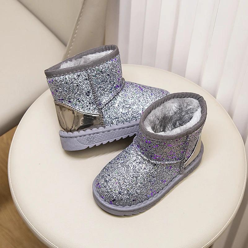 Product Introduction of Winter Girl's Snow Boots Glimmer Three Colors Thick Fur Kids Short Boot Warm Beautiful Stylish Slip-on Children Shoes 25-36 16