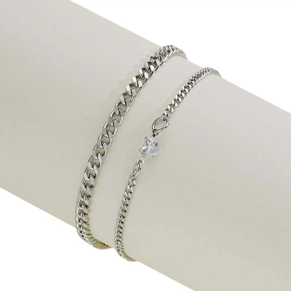 2PCS/Pair Simple Fashion Lover Heart  Bracelet Set For Couple Stainless Steel Unisex Silvery Chain Gift