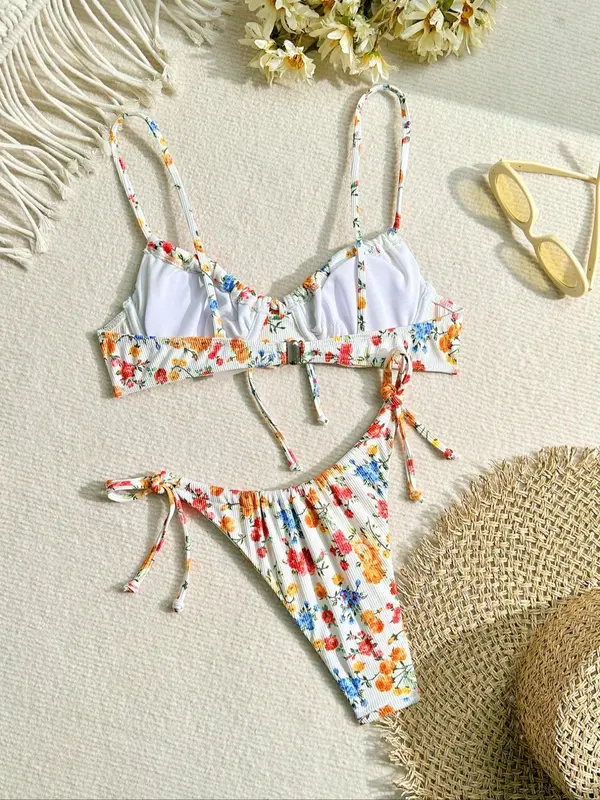Women's Floral Print Ribbed Bikini Set, High Stretch Casual Fashion Spaghetti Strap Tie Front Backless Swim Top & Tie Side Swim Bottom Two-piece Swimsuit for Beach Holiday Vacation, Bikini Top Trunks 5