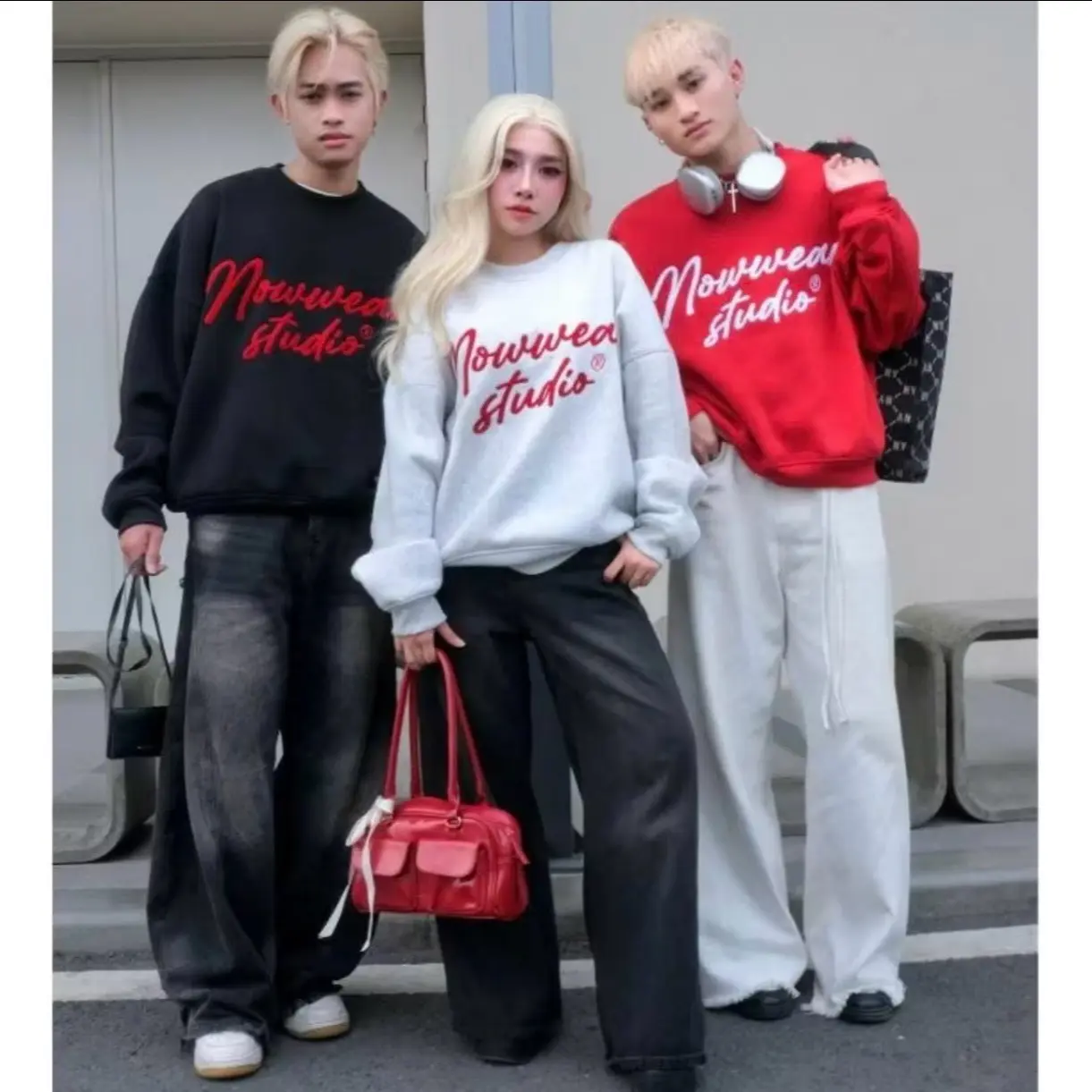 Áo Nỉ Sweater Thêu Xù Ver 2 Nowwear Tay Phồng Form Boxy Chữ Ký Chất Nỉ Bông Dày Dặn