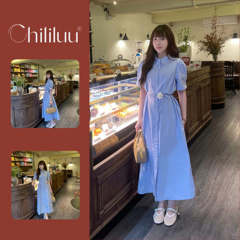Đầm maxi Chililuu váy xanh dáng dài thắt eo tay bồng ngắn tay phong cách tiểu thư Hàn Quốc