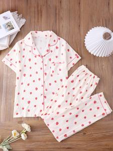Women's Strawberry & Heart Print Textured Pyjama Two-piece Set, Casual Comfy Short Sleeve Lapel Neck Button Front Shirt & Elastic Waist Pants Pj Set, Ladies Sleepwear for All Seasons