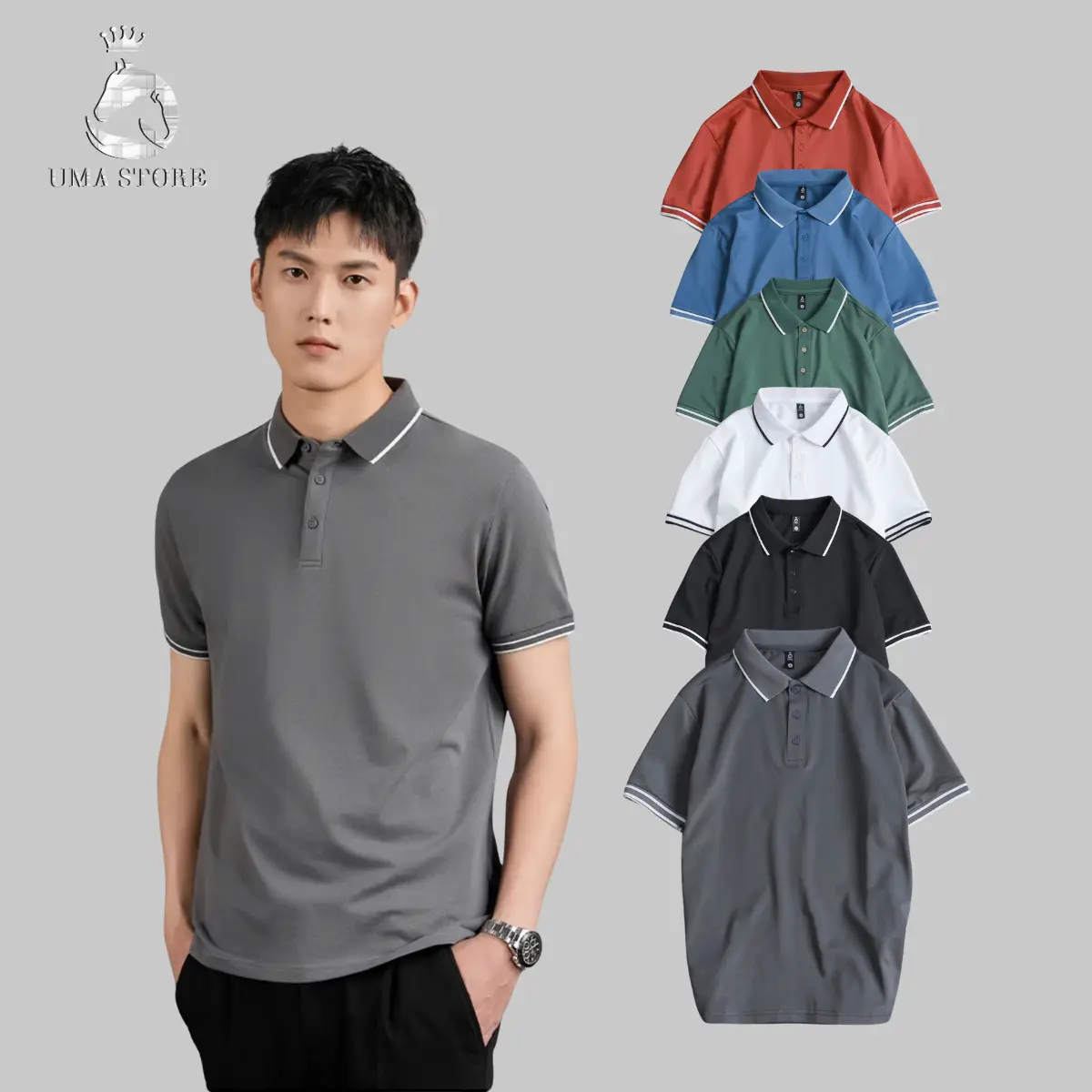 Áo thun polo nam vải cá sấu cổ kẻ phối sọc viền tay UMA 8 màu Menswear Top Có Cổ Bẻ Shirt hot 2025 Jean �� 8 green + high quality năng động