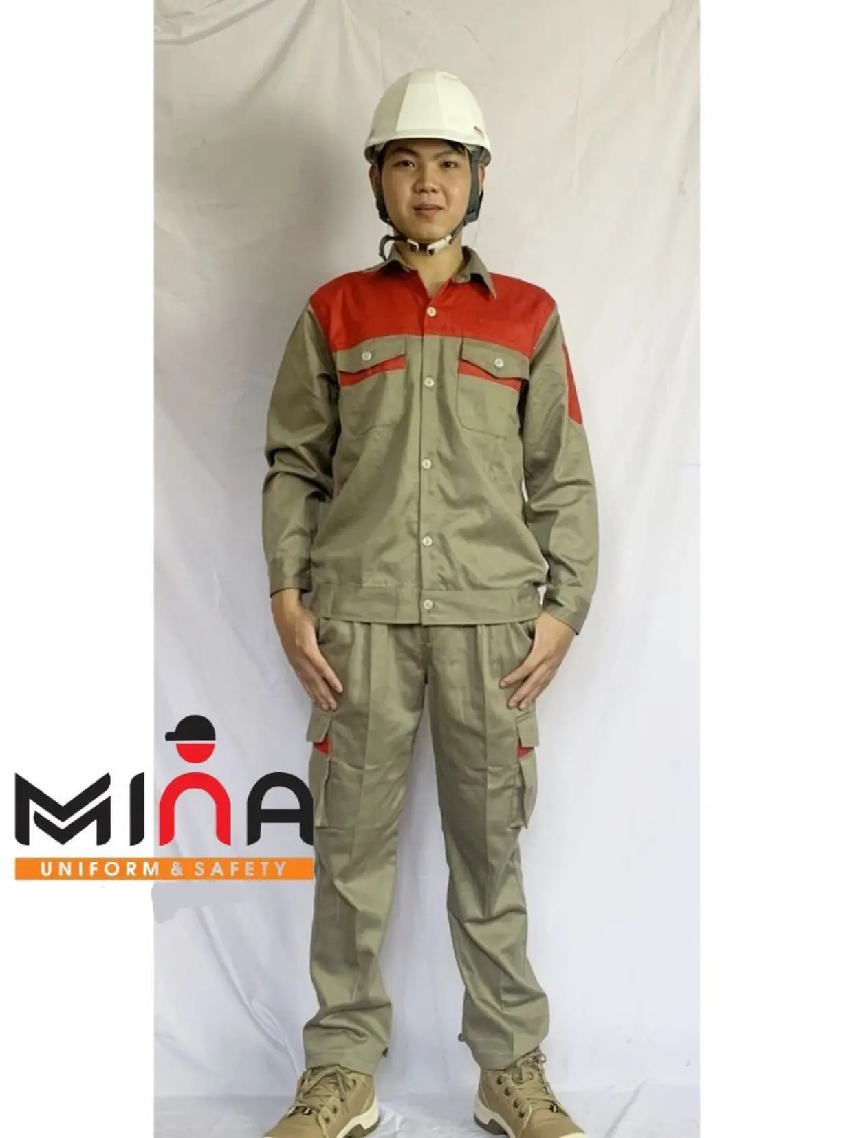 Quần Áo Bảo Hộ Lao Động Bộ Ghi Nâu Phối Đỏ Vải Kaki Nam Định Dày Dặn Quần Túi Hộp