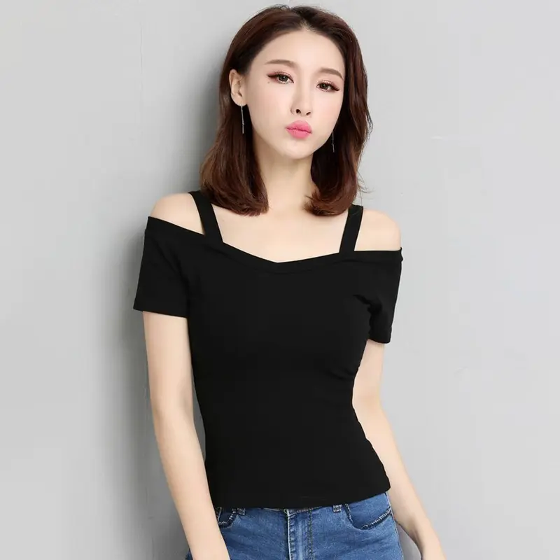 Áo Thun Nữ, Trễ Vai Và Dây Đeo, ngắn Tay, Màu Trơn Dáng Ôm, Áo Chui Đầu, Thích Hợp Cho Mùa Hè, Phong Cách Thời Trang Đường Phố 7