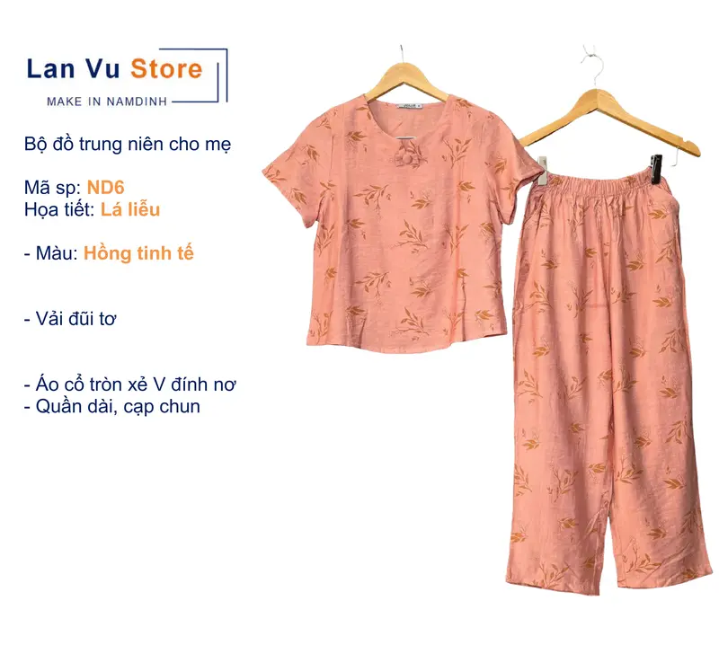 ND6 Bộ cho Mẹ, Bộ Trung Niên, Bộ mặc nhà, LANVU STORE Make in Namdinh, Họa tiết Lá liễu, Áo Cổ tròn xẻ V đính nơ, Quần suông dài 9 tấc có túi, Vải đũi tơ thoáng nhẹ Nữ Women Voi setdongu cute đồ macnha 7
