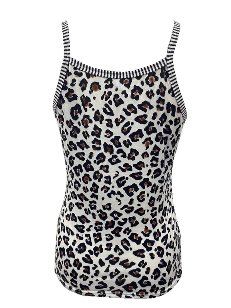 Product Introduction of Women's Leopard & Striped Print Ring Linked Cami Top, Summer Clothes Women, Casual Fashion Sleeveless Spaghetti Strap Top For Summer, Women's Summer Clothes For Daily Wear 2