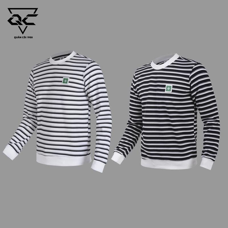 Xả kho Áo sweaters  Quân coif 1988 Nam nữ kẻ ngang chất liệu cotton Dệt 320gsm  cổ phối bo màu đen phối trắng  mã AT-203 be to & cao hoodies & sweaters polo Menswear Sọc Có Cổ Kem Cổ Tròn Dài Tay
