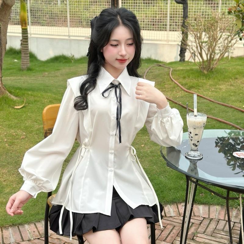 Áo sơ mi dài tay bồng có dây điều chỉnh thắt eo FREESIZE Tiểu Thư Thanh Lịch Nữ Tặng kèm dây buộc nơ đen - Ka.Design - Top, Kem