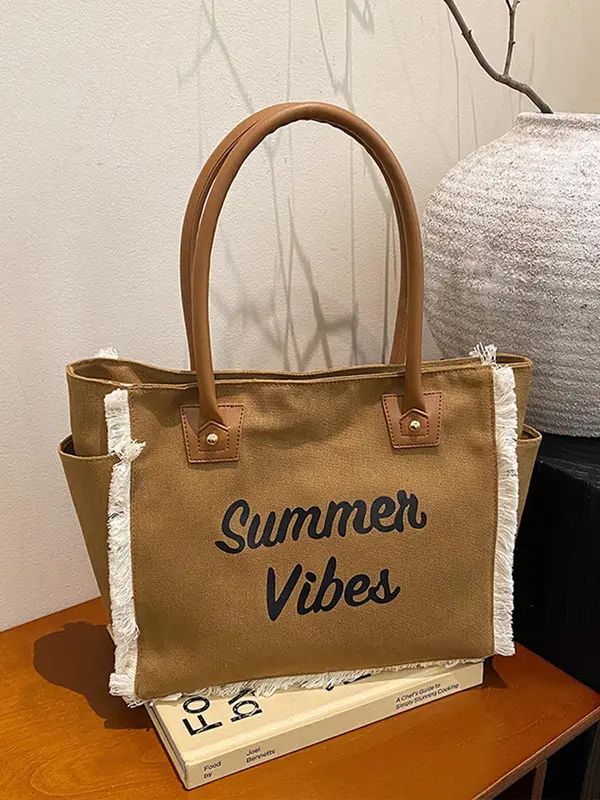 Women's Fashionable Letter Print Tote Bag, Casual Large Capacity Shoulder Bag for Daily Used, Trendy All-match Bag for Commuters and Students 8