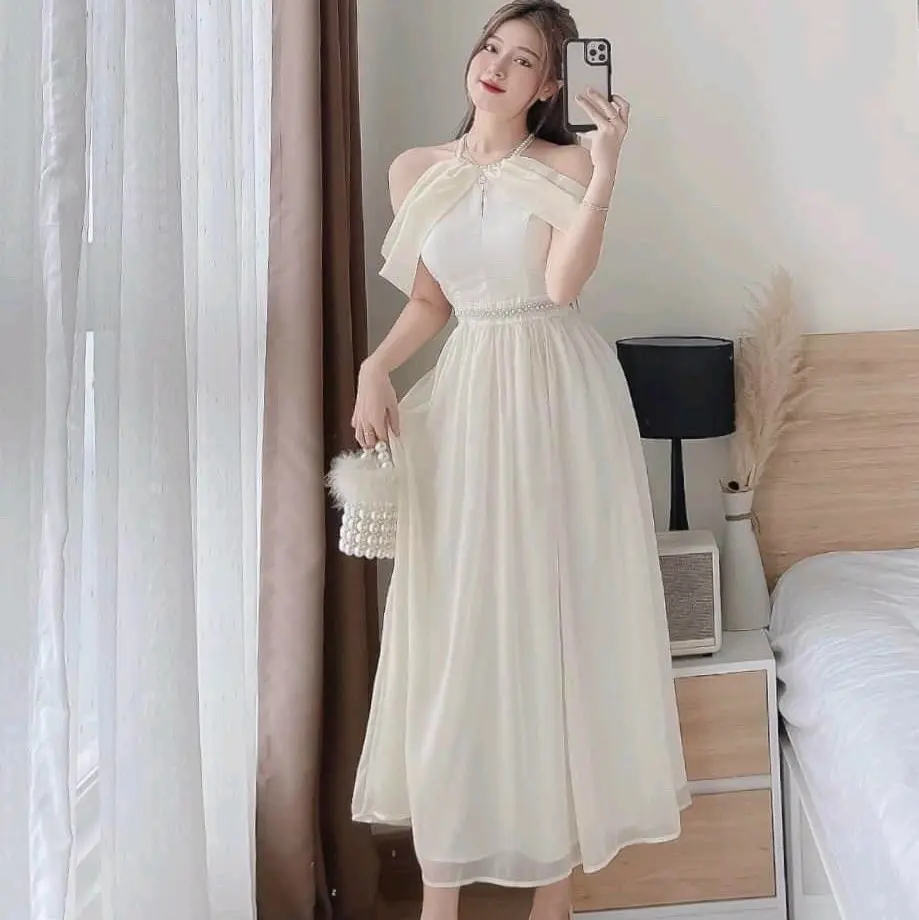 Đầm dự tiệc trễ vai kết cườm cổ và eo sang trọng Nữ Thun