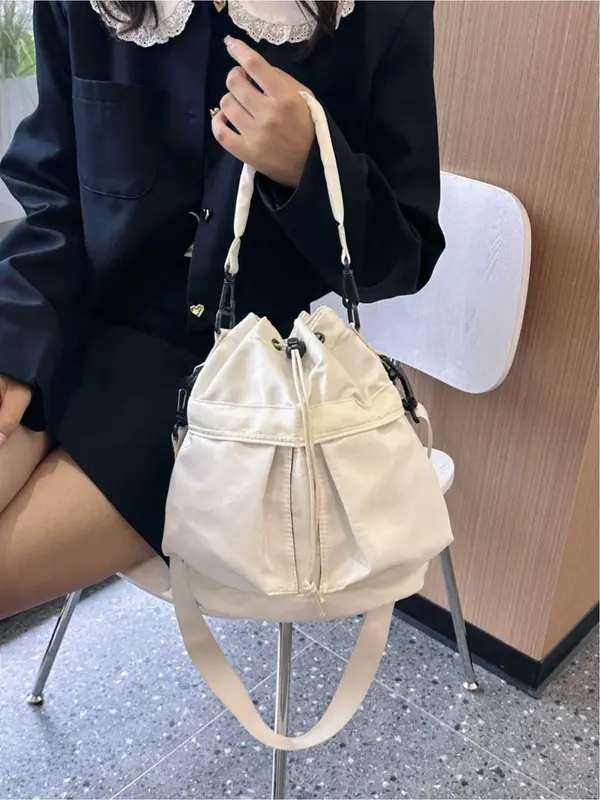 Women's Solid Color Nylon Bucket Bag, Fashionable Lightweight Crossbody Bag with Adjustable Strap, Casual Versatile Sports Bag for Daily Used 3