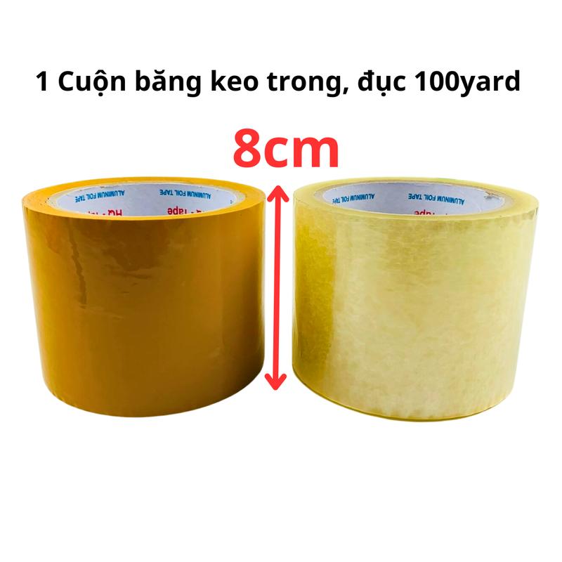 SKU708 - 1 Cuộn băng keo Trong, Đục OPP rộng 8cm, 100yard, dài 68 mét, băng keo đục hải sản dán thùng xốp đông lạnh
