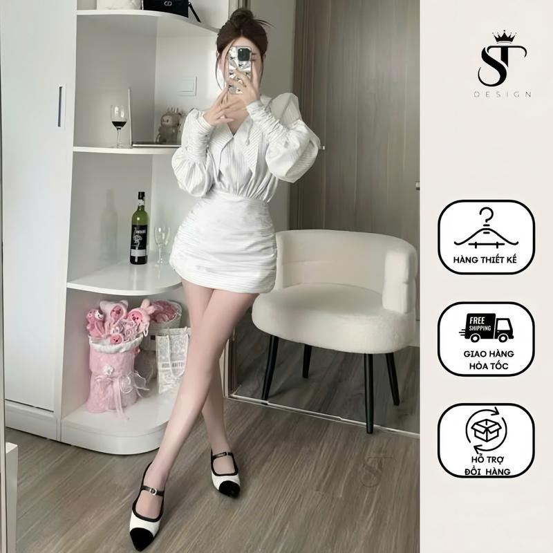 Set váy sơ mi dài tay  tiểu thư sang chảnh  chân váy xếp ly nhún eo cúc ngọc - Hàng thiết kế - ST DESIGN - T99