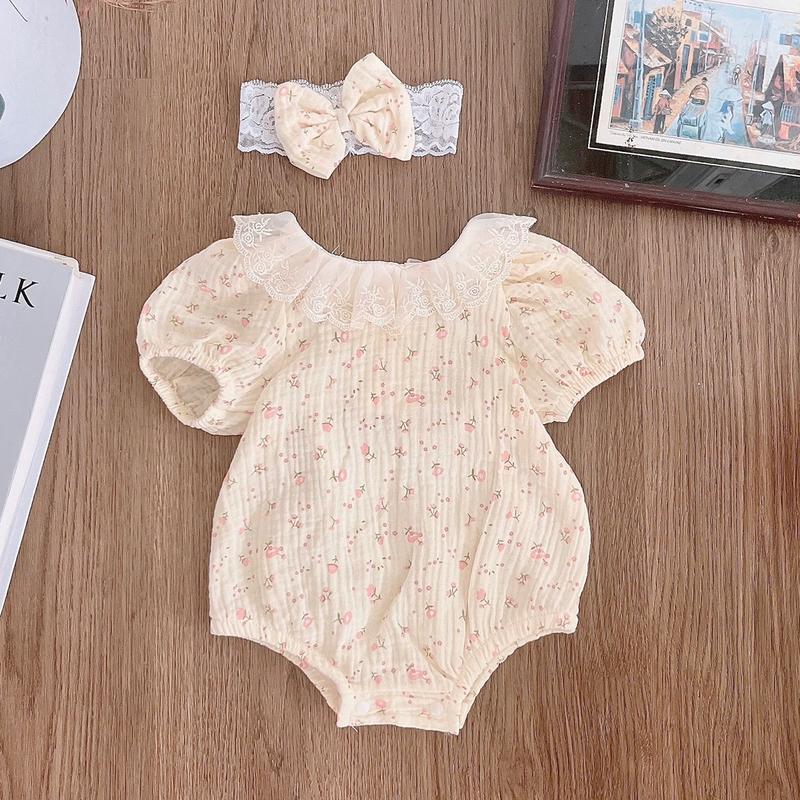 Bodysuit Cho Bé Xô Muslin Hoa Nhí Hồng Cổ Ren Vintage, Kèm Turban Xinh Xắn, Body Cho Bé 3-11kg
