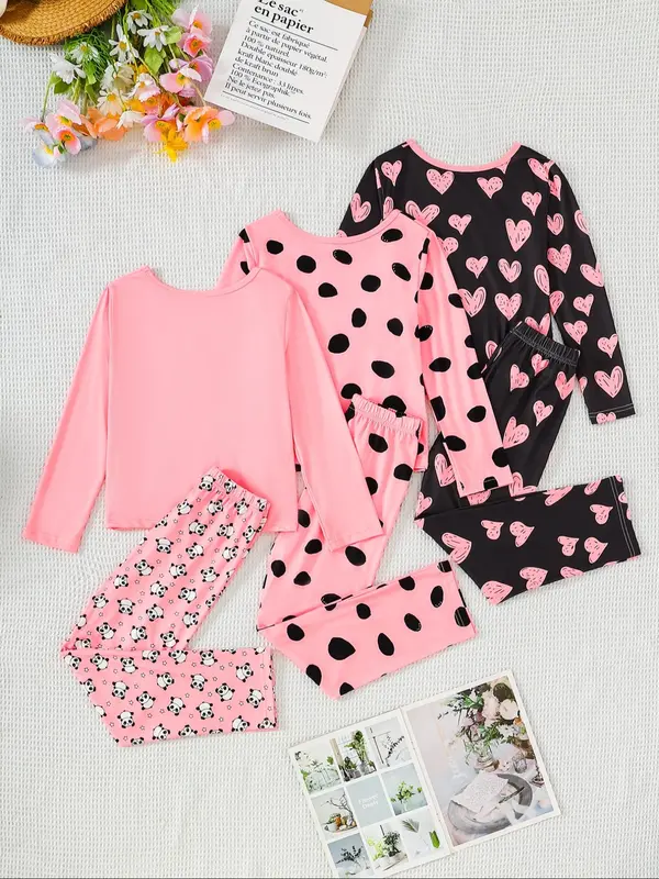 Girl's Cartoon Panda Heart Print Tee & Pants Set, Cute Long Sleeve Round Neck Top & Trousers, Casual Spring & Fall Outfits Clothes for Kids, Cute Clothes 1