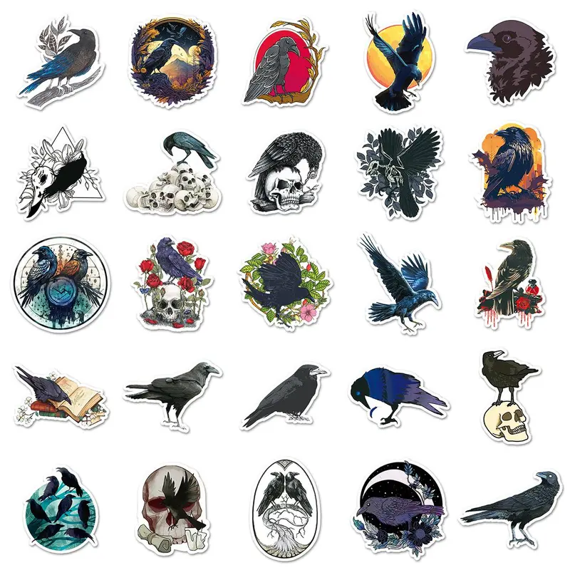 Crow Pattern Car Sticker, 50pcs/set Waterproof Self Adhesive Decor Paper, Decor Sticker for Gift Greeting Card Water Bottle Laptop Phone Case 3