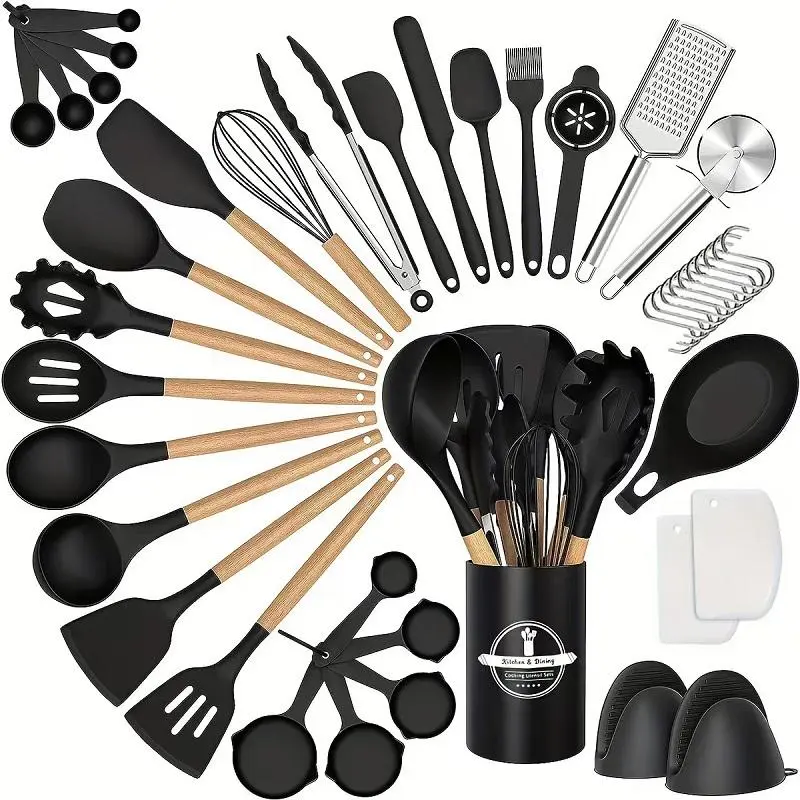 Non-stick Kitchen Utensils Set, 43pcs/set Including Scraper & Spoon & Whisk & Measuring Spoon & Clip & Cutter & Brush & Stand & Tools, Wooden Handle Kitchen Cooking Utensils Set for Home Baking House Dining Room