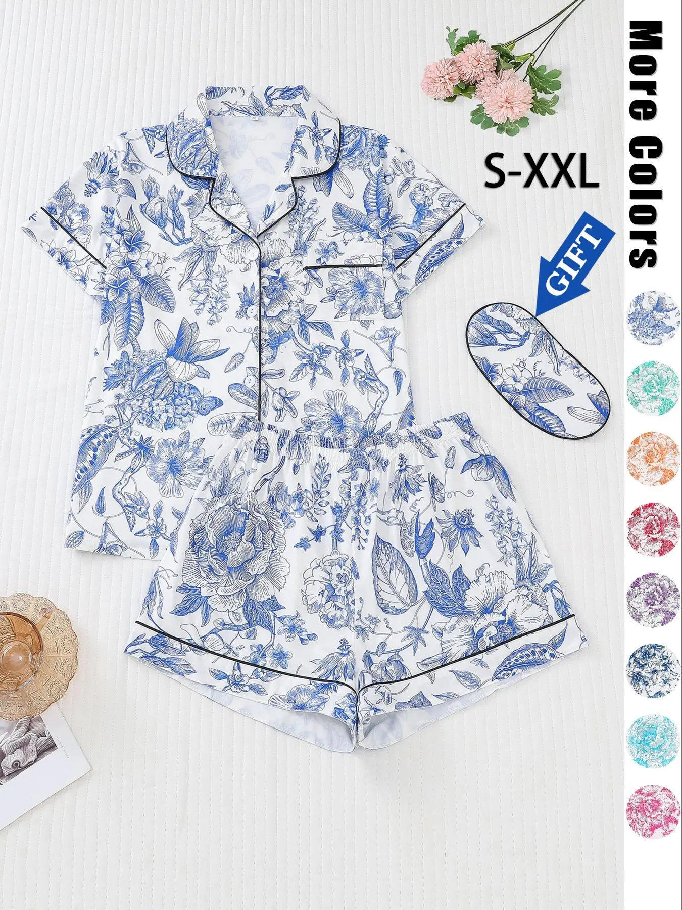 Women's Plants & Floral Print Lapel Neck Pocket Pajama Two-Piece Set with Eye Mask, Casual Short Sleeve Button Front Shirt & Elastic Waist Shorts PJ Set, Casual Comfortable Sleepwear Set for Women