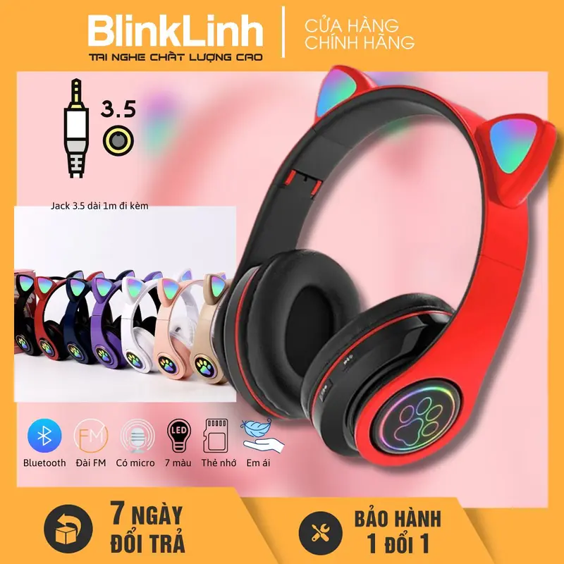 [COD] Tai Nghe Mèo dễ thương Mã BL39, Bluetooth 5.0, Tai nghe chụp tai lớn 35mm, Có Đèn LED Chuyển Màu, Chụp Tai Bọc Da Êm Ái, có Khe Cắm Thẻ Nhớ, Tặng Jack 3.5, Micrô tích hợp, Không dây  Nghe Nhạc tainghe chuptai 0