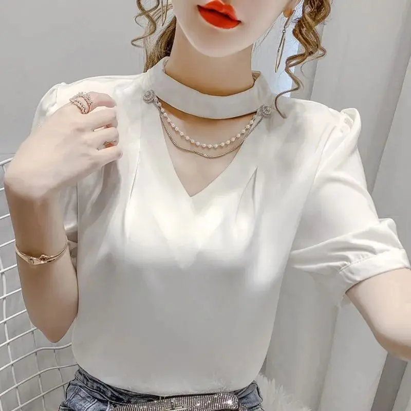 Áo Sơ Mi Voan, Ngắn Tay, Dành Cho Phụ Nữ, Dáng Rộng Vừa Vặn, Cổ Yếm Dây Chuyền Ngọc Trai, Màu Trơn Phong Cách Phương Tây Mới, Áo Ngoại Cỡ, Thích Hợp Cho Mùa Hè 5