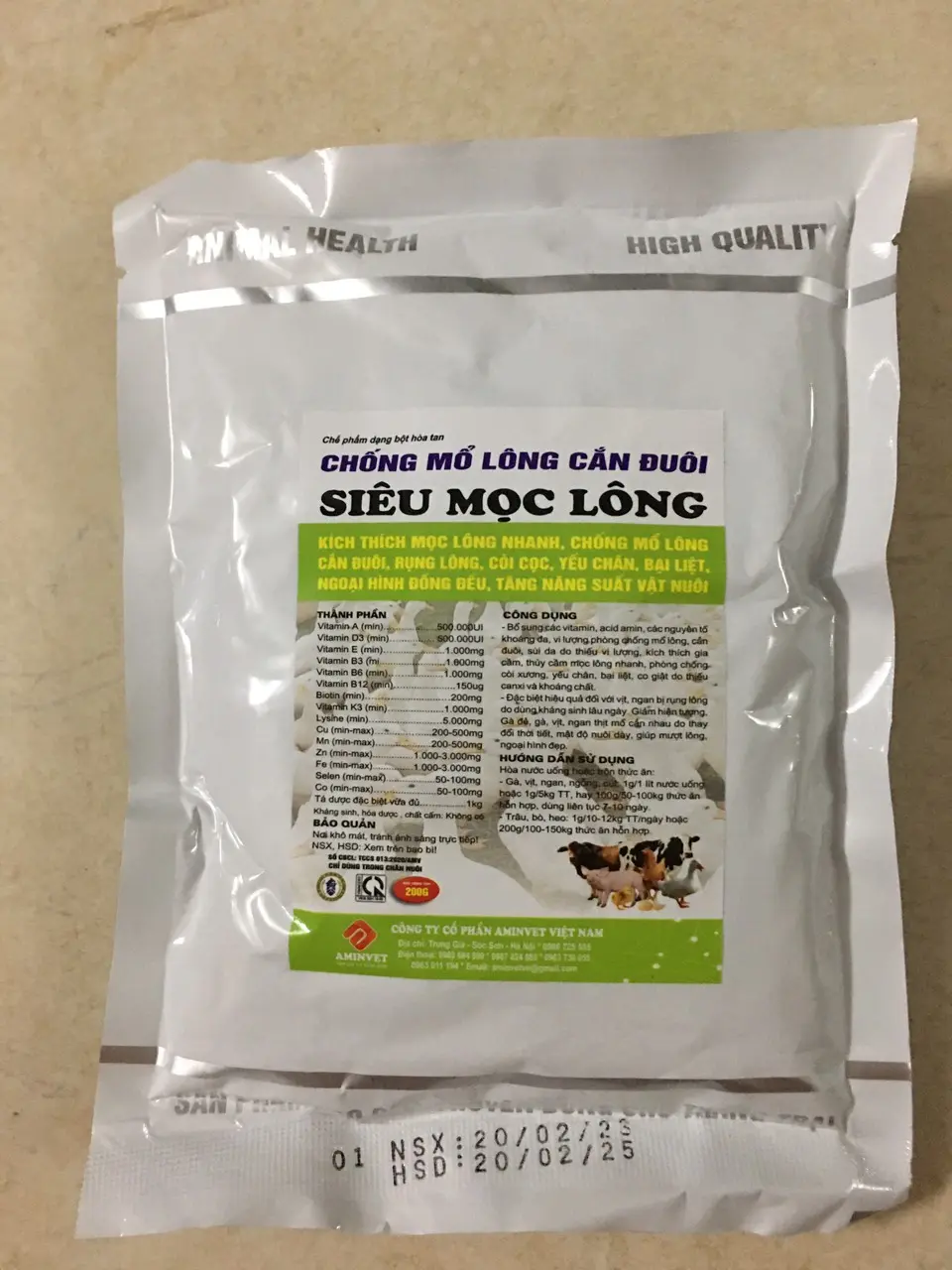 Siêu mọc lông (200g-aminvet) kích thích mọc lông, chống mổ lông, cắn đuôi dùng cho gà, vịt, gia súc, gia cầm khác