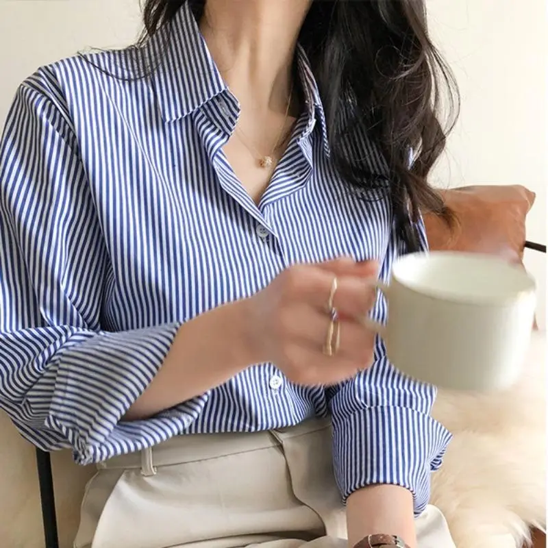 Vintage Blue Striped Long Sleeve Shirt Korean Style Shirt Spring Loose Blouse for Ladies Top Womenswear linen  shirt