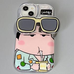 Cute Sunglasses Crayon Small New for IPhone 14 ProMax Phone Case IPhone 11 12 13 Pro X XR XS Max 6 7 8 Plus Stereo Stand Laser Wave Pattern Phone Case