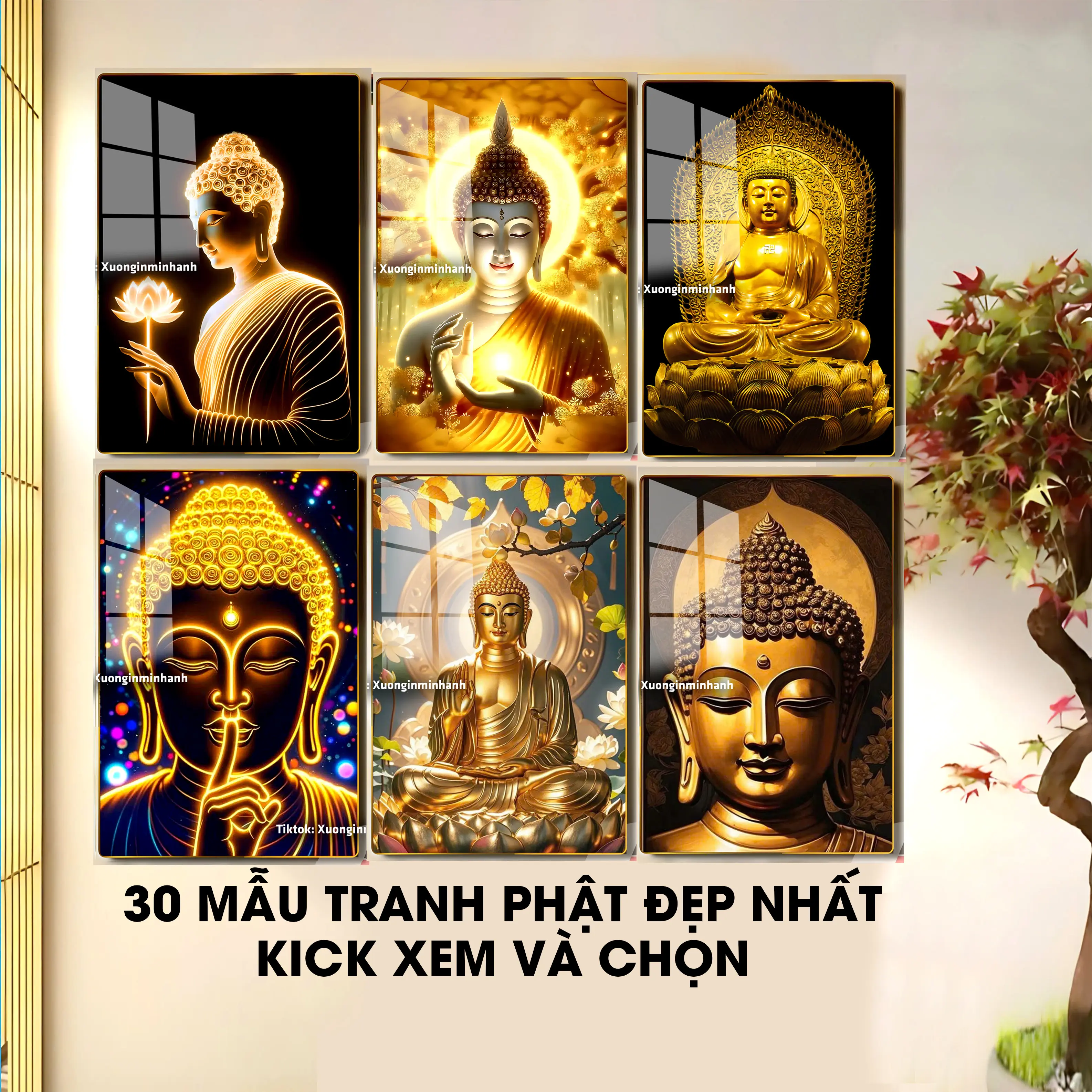 [TRANH PHẬT GIÁO] Tranh gỗ tráng gương dày 13mm - Bo viền vàng cao cấp - Địa tạng Vương - Phật thích ca - Quan âm bồ Tát,... Treo tường phòng thờ, mang lại may mắn bình an hạnh phúc Decor Phòng