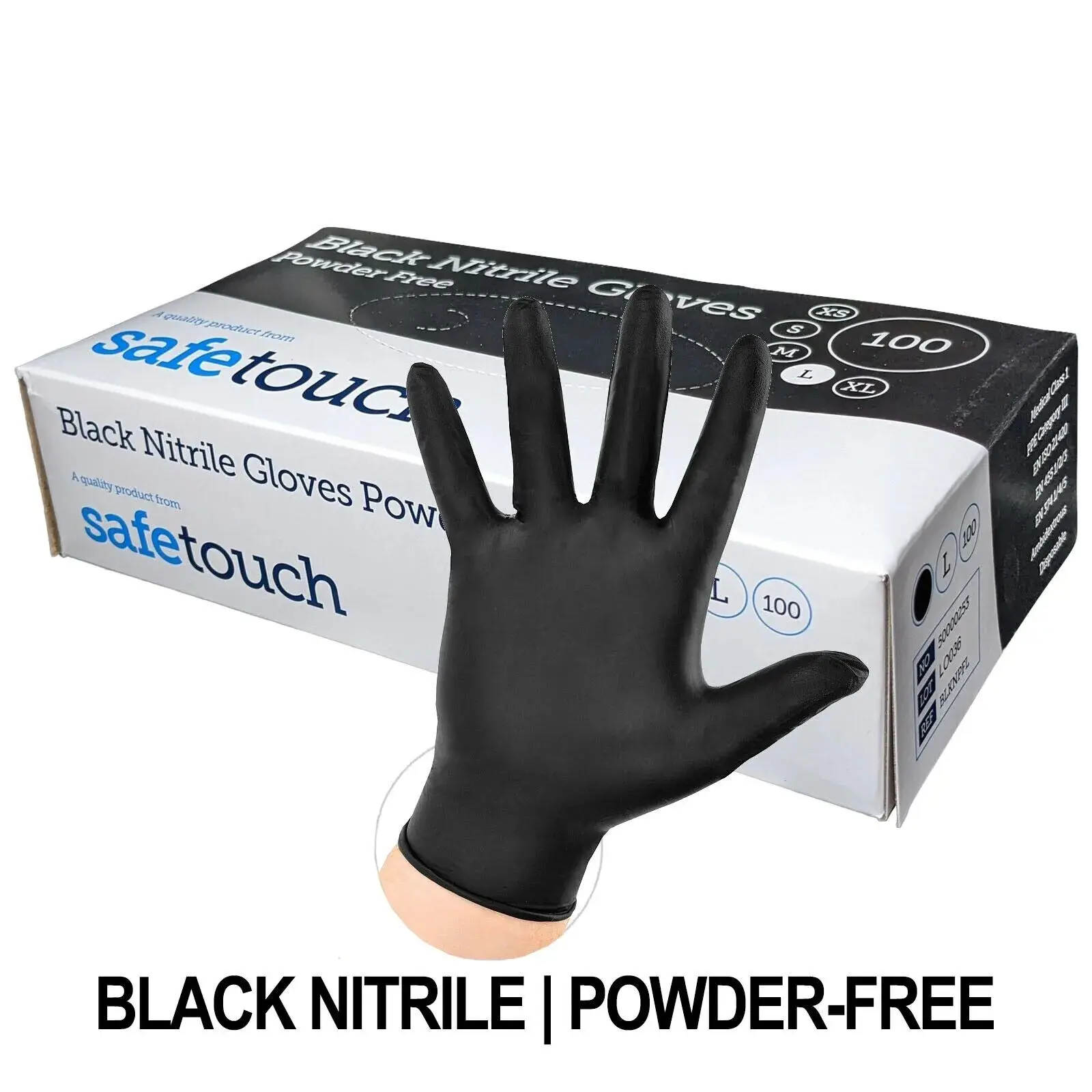 100 Pack SafeTouch Nitrile Powder Free & Latex Free Disposable Gloves Black Strong Heavy Duty for Mechanics, Catering, Food, Cleaning - All Sizes Waterproof