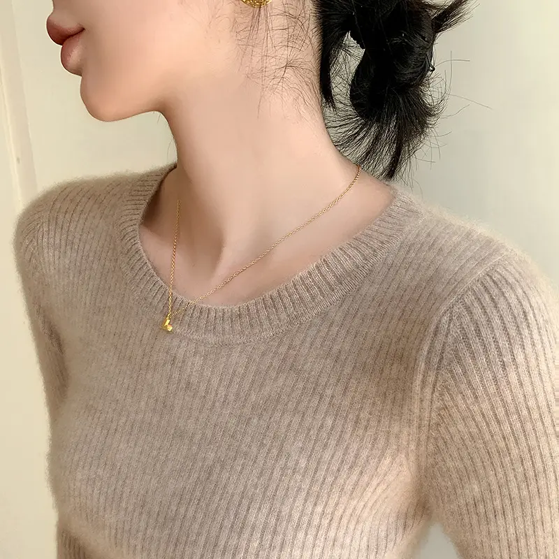 Áo Len Dài Tay Giữ Nhiệt, Dành Cho Nữ, Màu Trơn Cổ Tròn, Dáng Ôm, Áo Sơ Mi Dệt Kim Co Giãn Voi Women 1