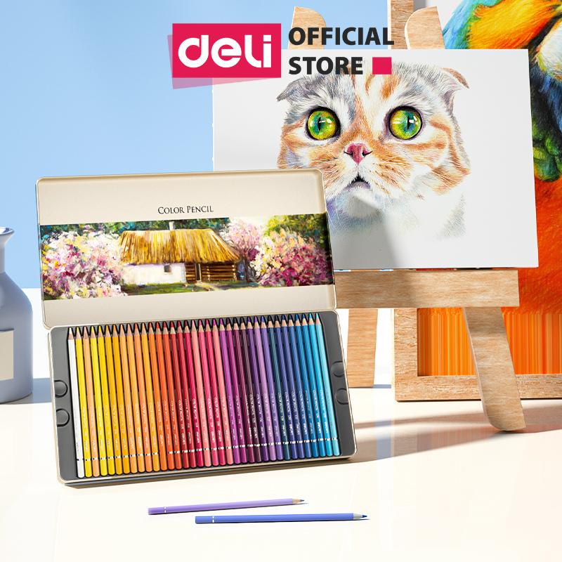 Bút chì màu gốc dầu hộp thiếc cao cấp Deli 2 - 24/36/48/72 màu - màu chì khô, màu đều đậm tươi sáng, có thể chồng màu - 6565