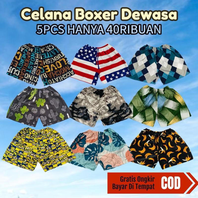 (PROMO 5PCS) Celana Pendek Boxer Dewasa Unisex Pria Wanita motif Katun shorts  Santai Surfing Distro 0