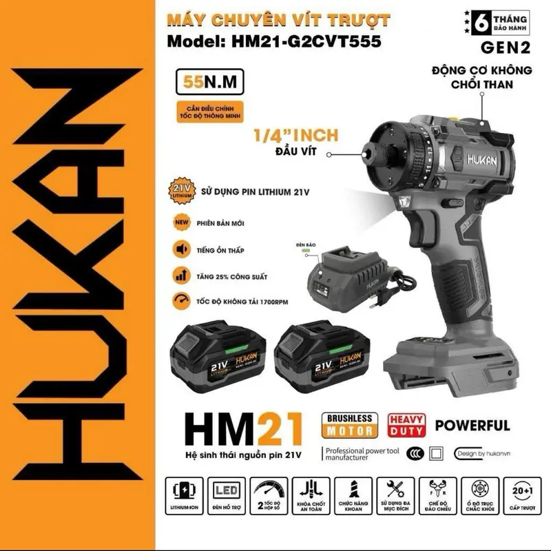 Máy Chuyên Vít Hukan HM21-G2CVT555, Có Cấp Trượt, 2 Chức Năng Khoan-Vít, Động cơ không chổi than 6