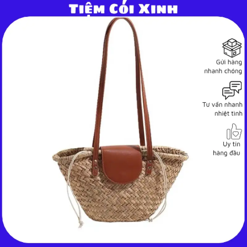 Túi cói đan lát nắp gài da đeo vai cỡ vừa siêu đẹp Tiệm Cói Xinh